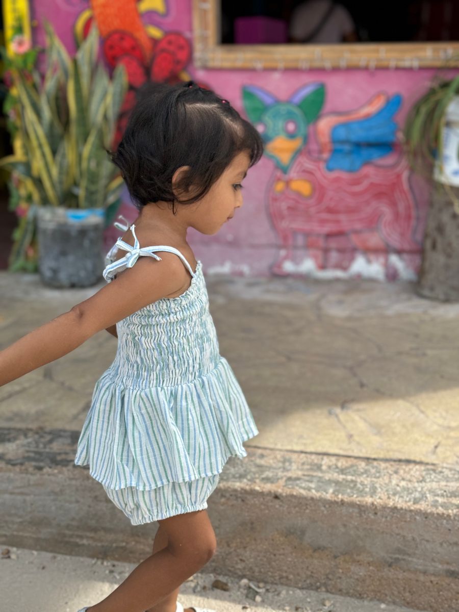 Strappy Smocked Peplum Bubble | Blue + Green Stripe