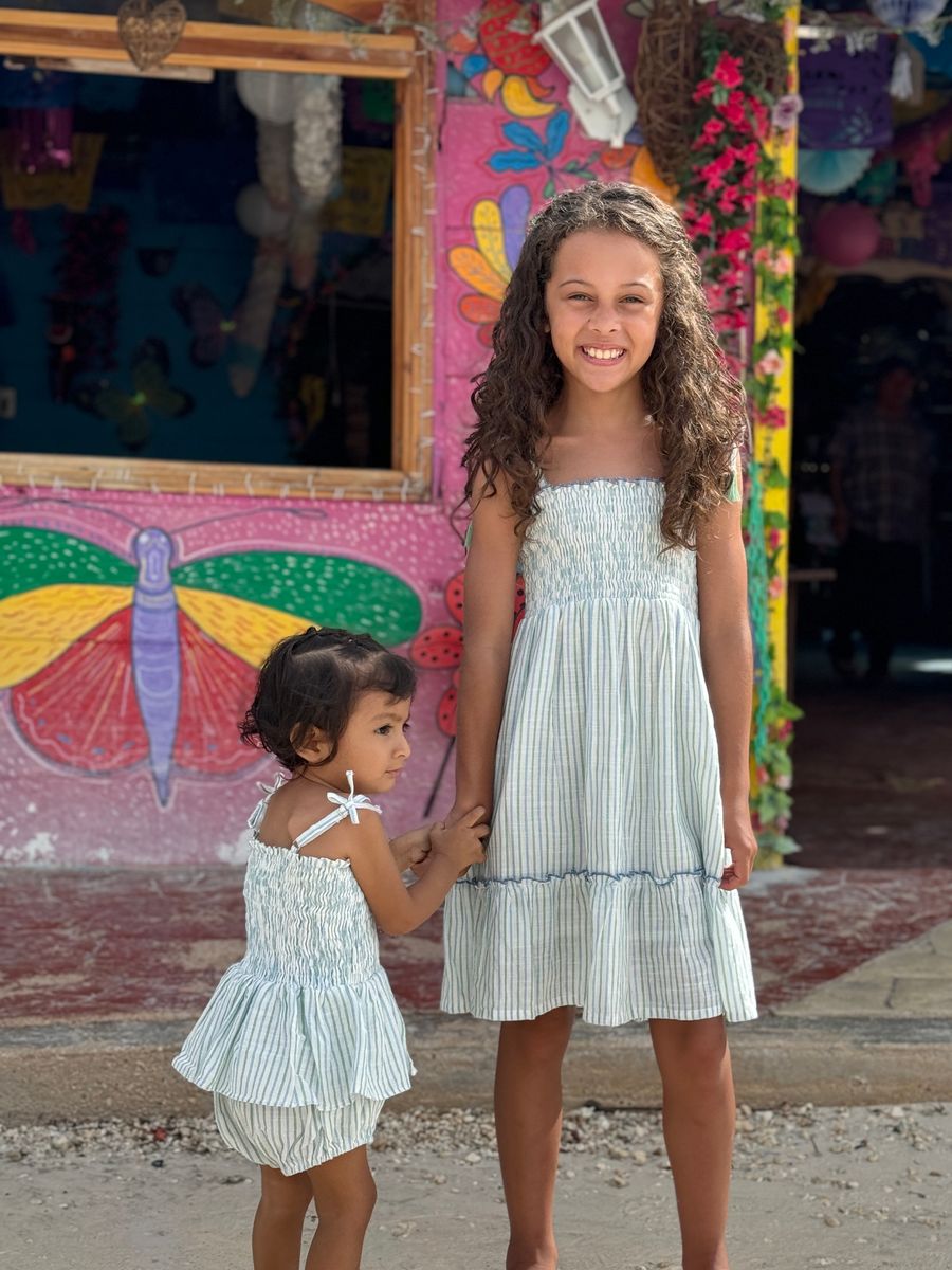 Strappy Smocked Peplum Bubble | Blue + Green Stripe