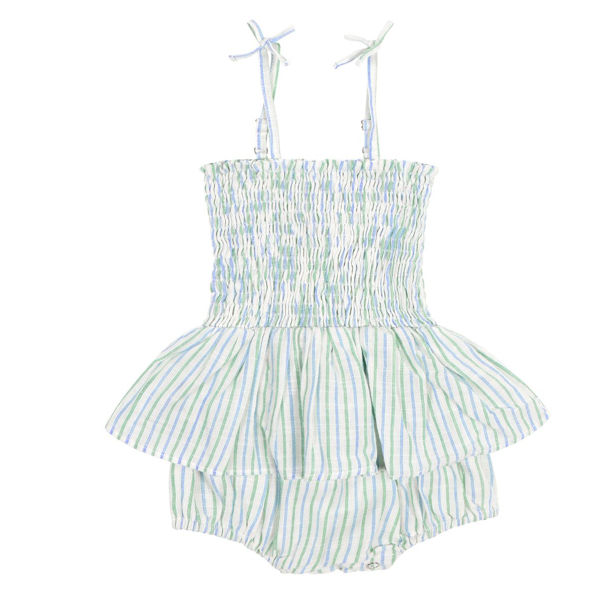 Strappy Smocked Peplum Bubble | Blue + Green Stripe