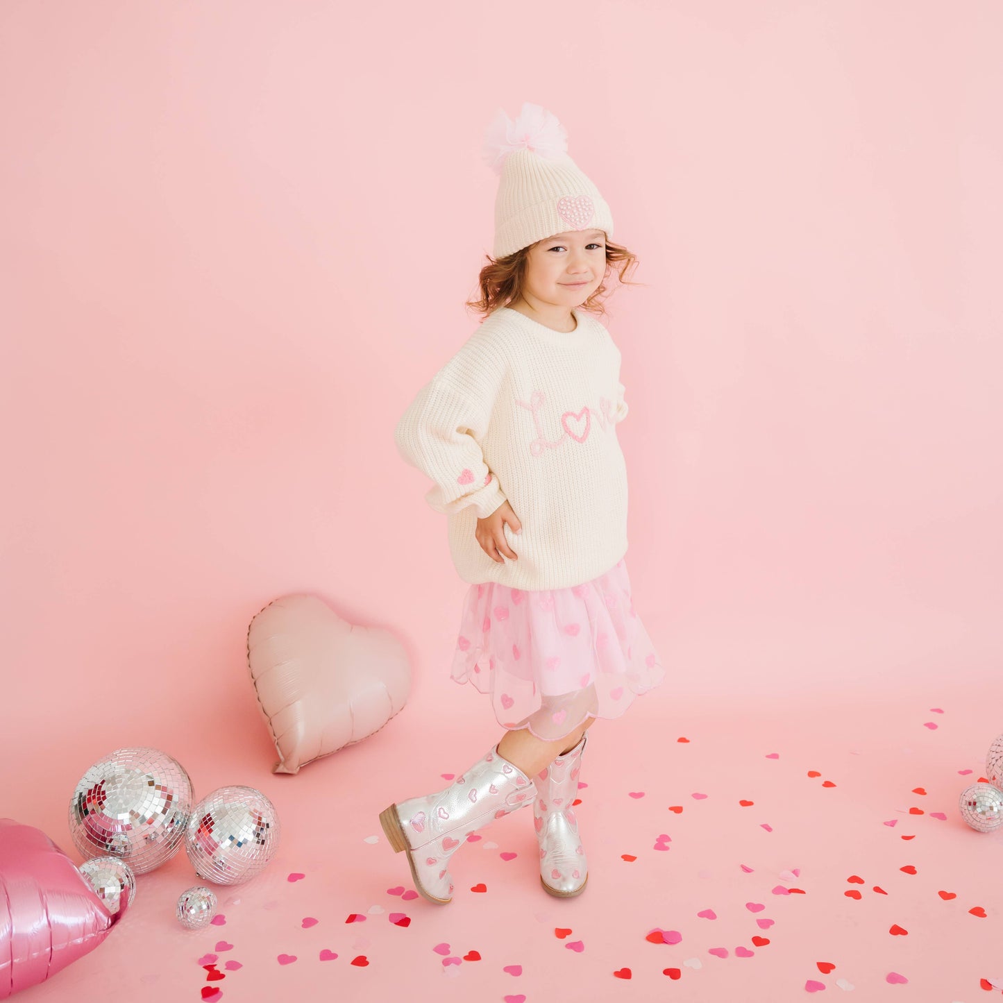 Pearl Heart Patch Pom Pom Beanie - Kids Accessories