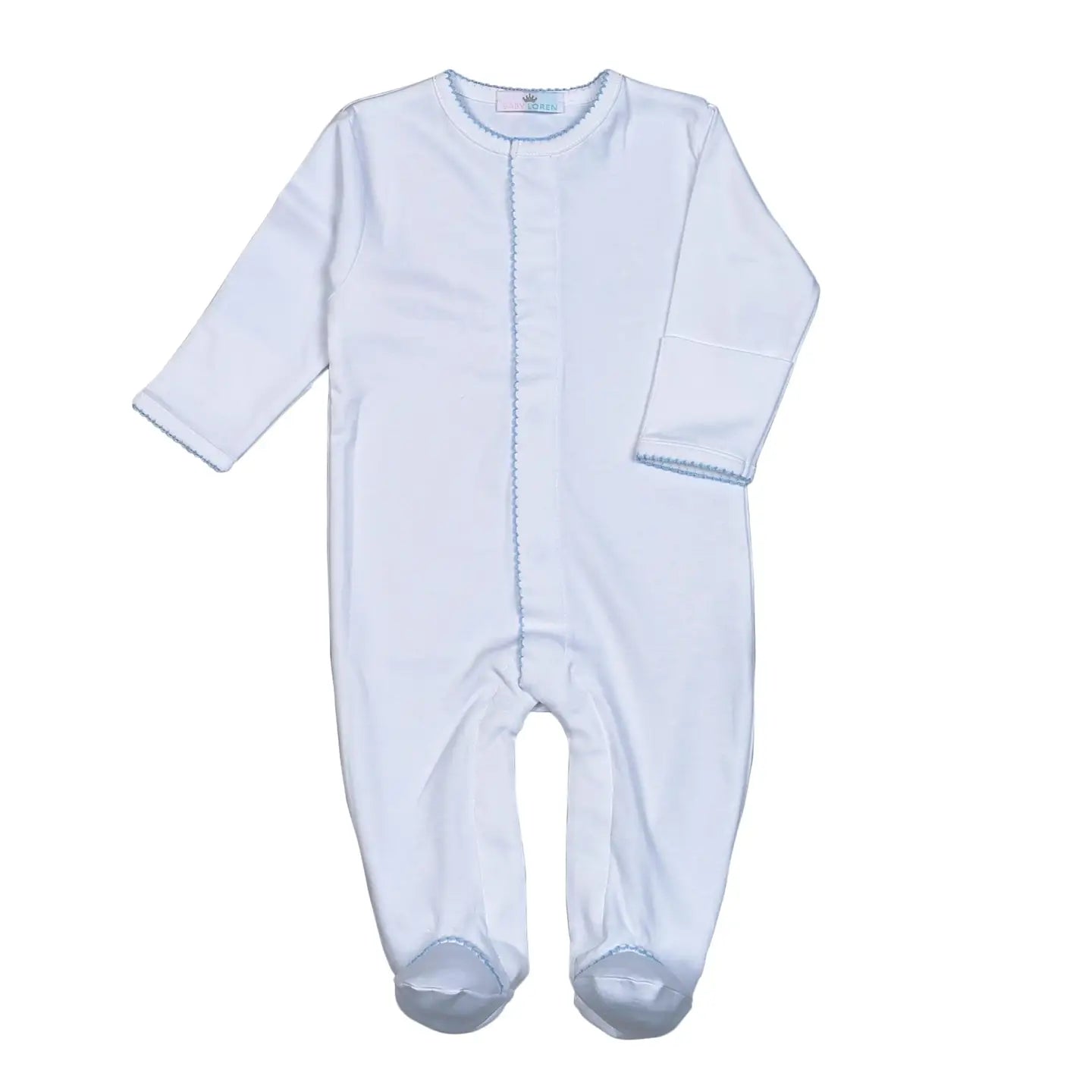 White Snap Footie | Blue Picot Trim