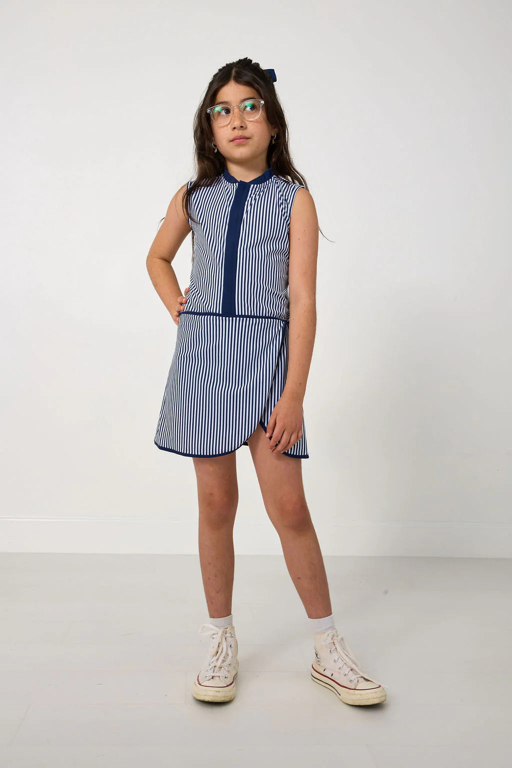 NAVY THIN STRIPE COURT DRESS