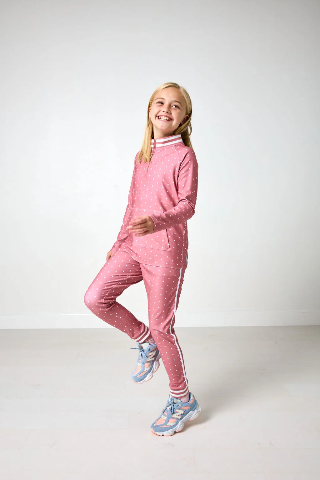 Girls Dusty Pink Polka Dot Retro Half-Zip