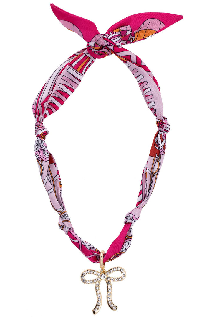 Cassie Pave Bow Scarf Necklace in Fuchsia/Orange/White