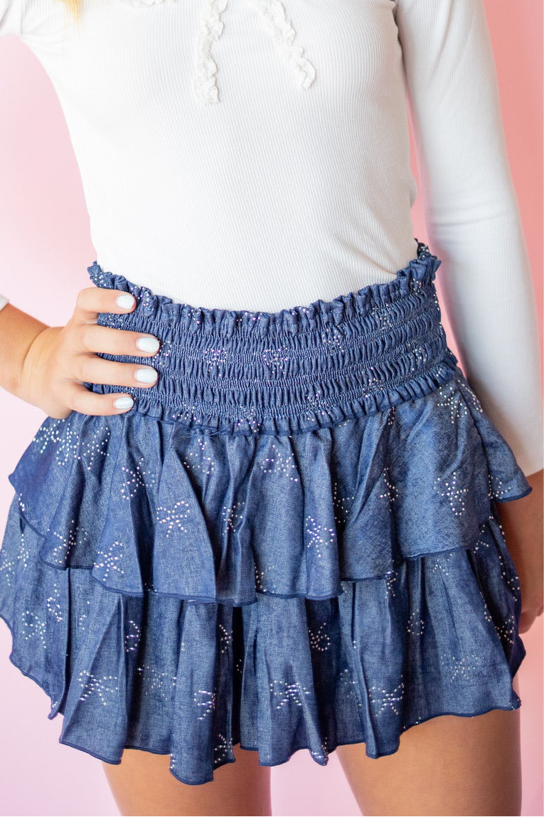 Bow Rhinestone Chambray Skirt