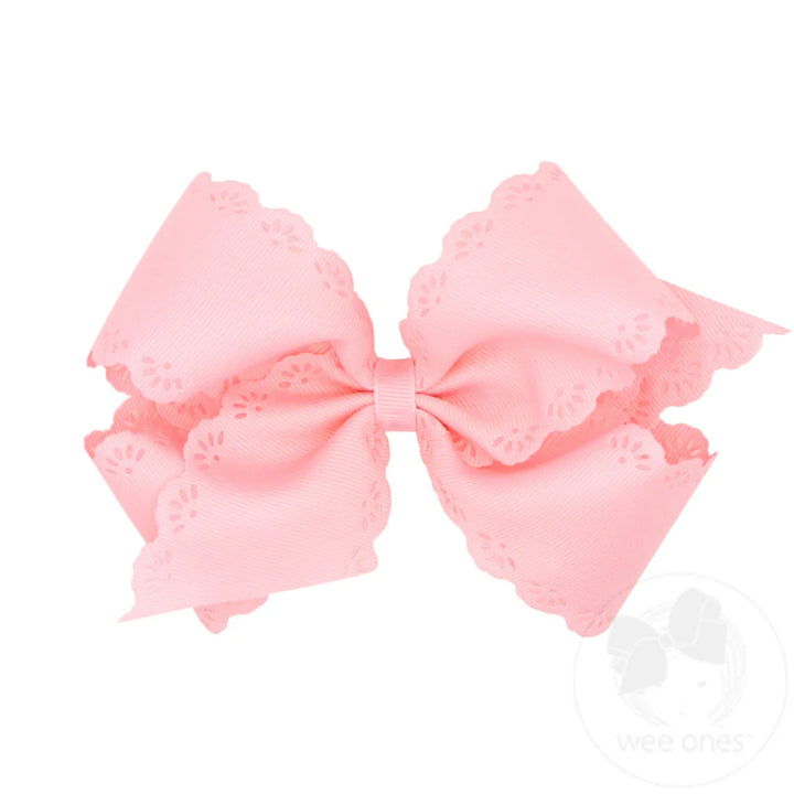 Small King Grosgrain Bow with Eyelet Flower-Embossed Edges I Light Pink