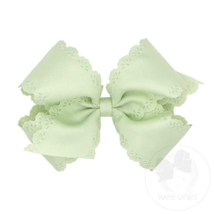 Small King Grosgrain Bow with Eyelet Flower-Embossed Edges I Seafoam