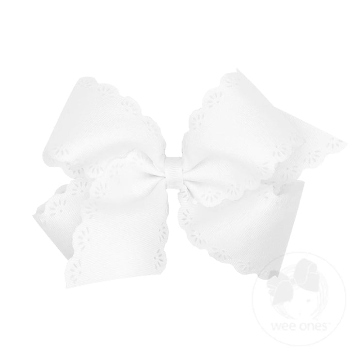 Small King Grosgrain Bow with Eyelet Flower-Embossed Edges I White