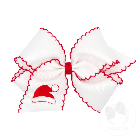 Medium Grosgrain Moonstich Embroidered Hair Bow | White/Red Santa Hat