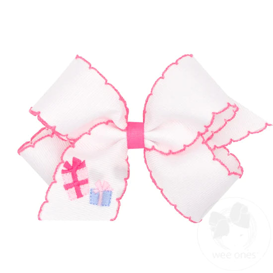 Medium Grosgrain Moonstich Embroidered Hair Bow | White/Pink Presents