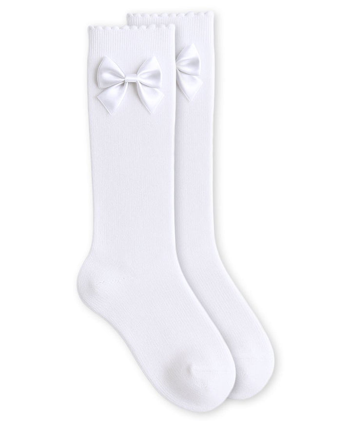 Jefferies Socks Satin Bow Scalloped Top Cotton Knee High Socks | White