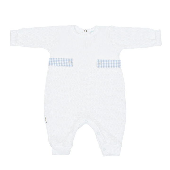 Paty Knit Romper w Gingham Tabs | Blue