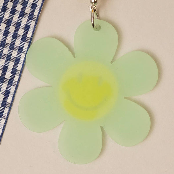 Happy Face Flower Plaid Bow Keychain | Pink