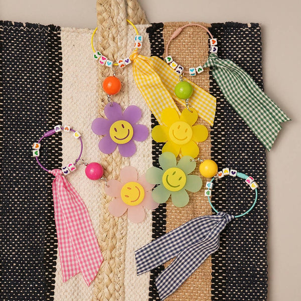 Happy Face Flower Plaid Bow Keychain | Pink