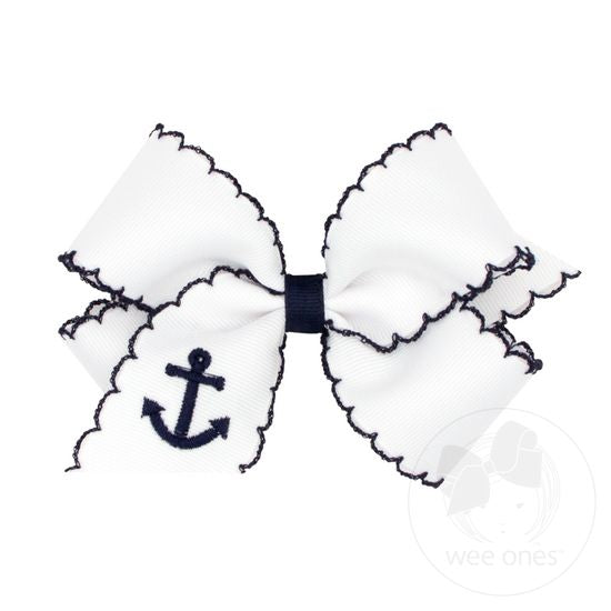 Medium Embroidered Moonstitch Grosgrain Bow | White w/ Navy Anchor