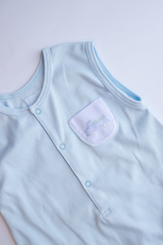 Truck Embroidered Knit Shortall | Blue
