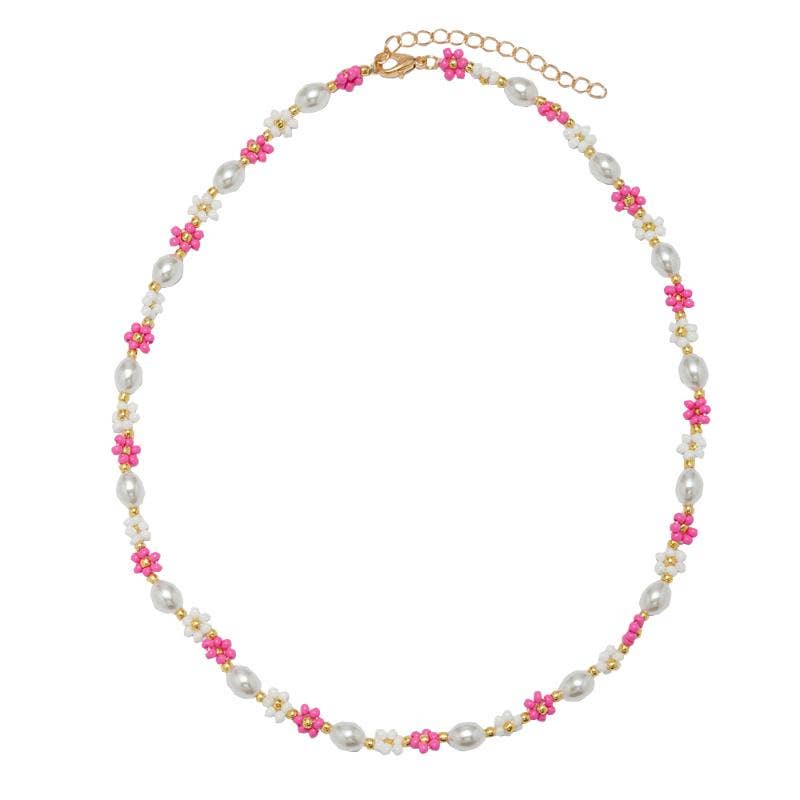 Kids 14" Pink, White Flower & Pearl Beaded Necklace