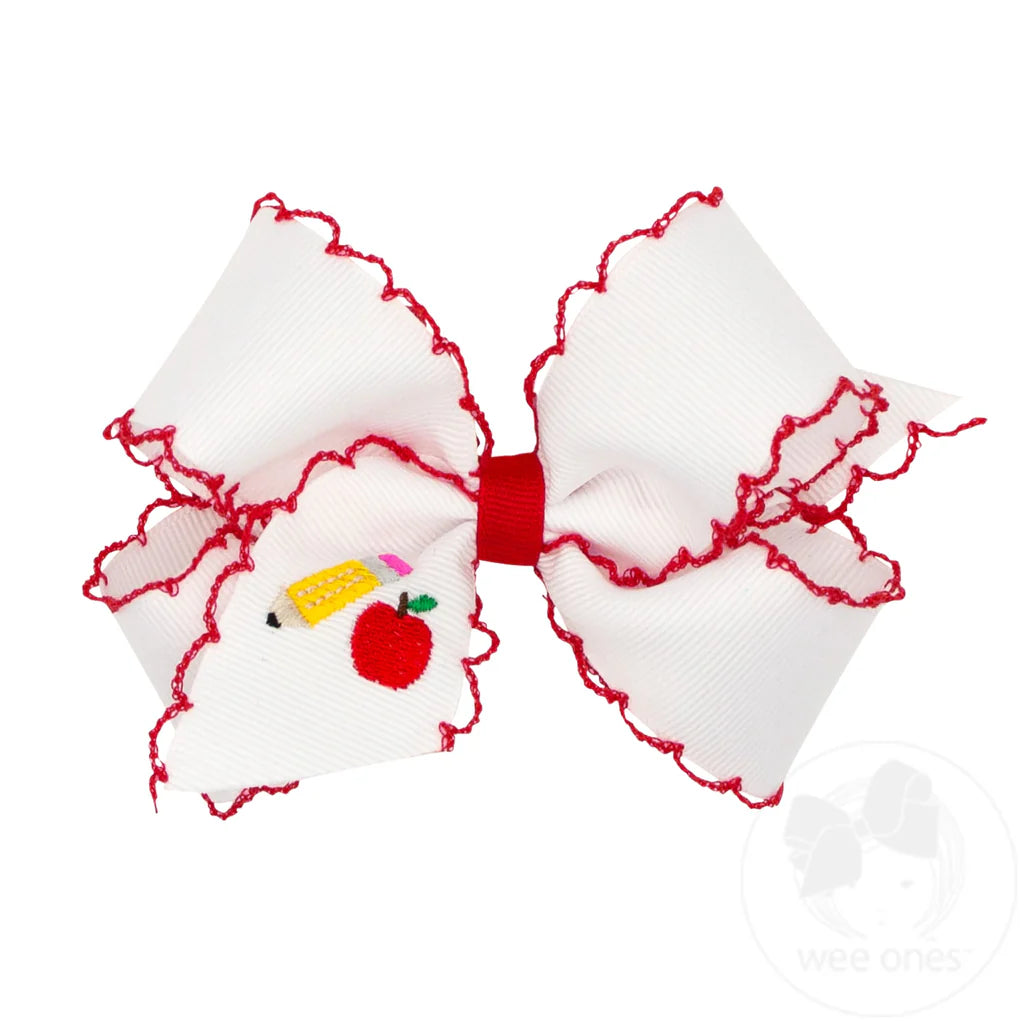 Medium Embroidered Back To School Bow | Pencil + Apple