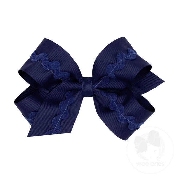 Medium Grosgrain Hair Bow with Ric-Rac Trim | Navy