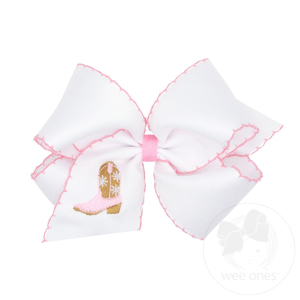 King Grosgrain Hair Bow with Moonstitch Edge and Pink Cowgirl Boot Embroidery