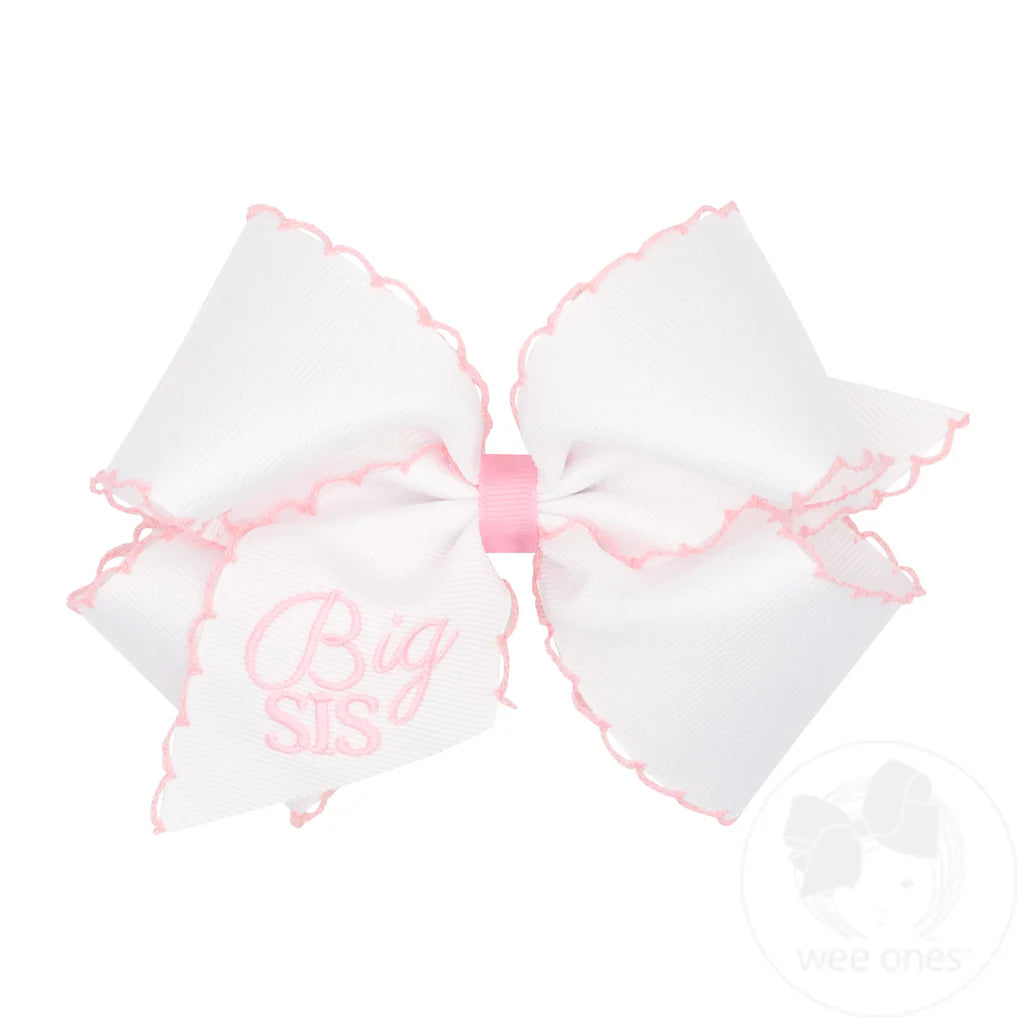 King Grosgrain Hair Bow with Light Pink Moonstitch | Big Sis Embroidery