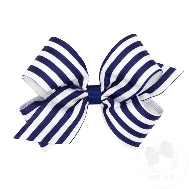 Navy Medium Nautical Stripe Print Grosgrain Hair Bow