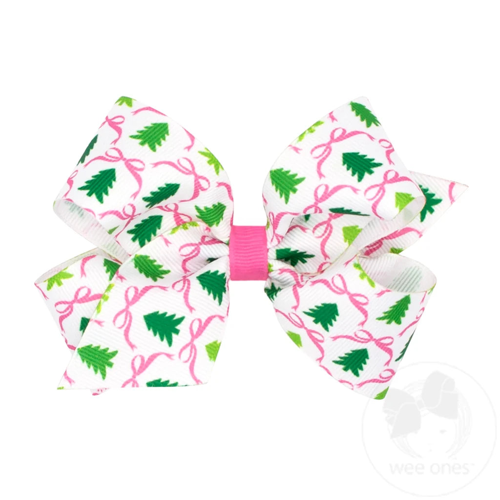 Medium Pink Christmas Print Hair Bow | Tree