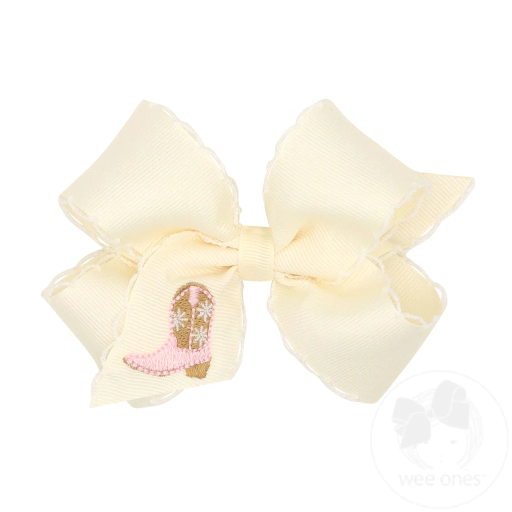 Medium Cowboy Boots Embroidered Moonstitch Hair Bow | Cream