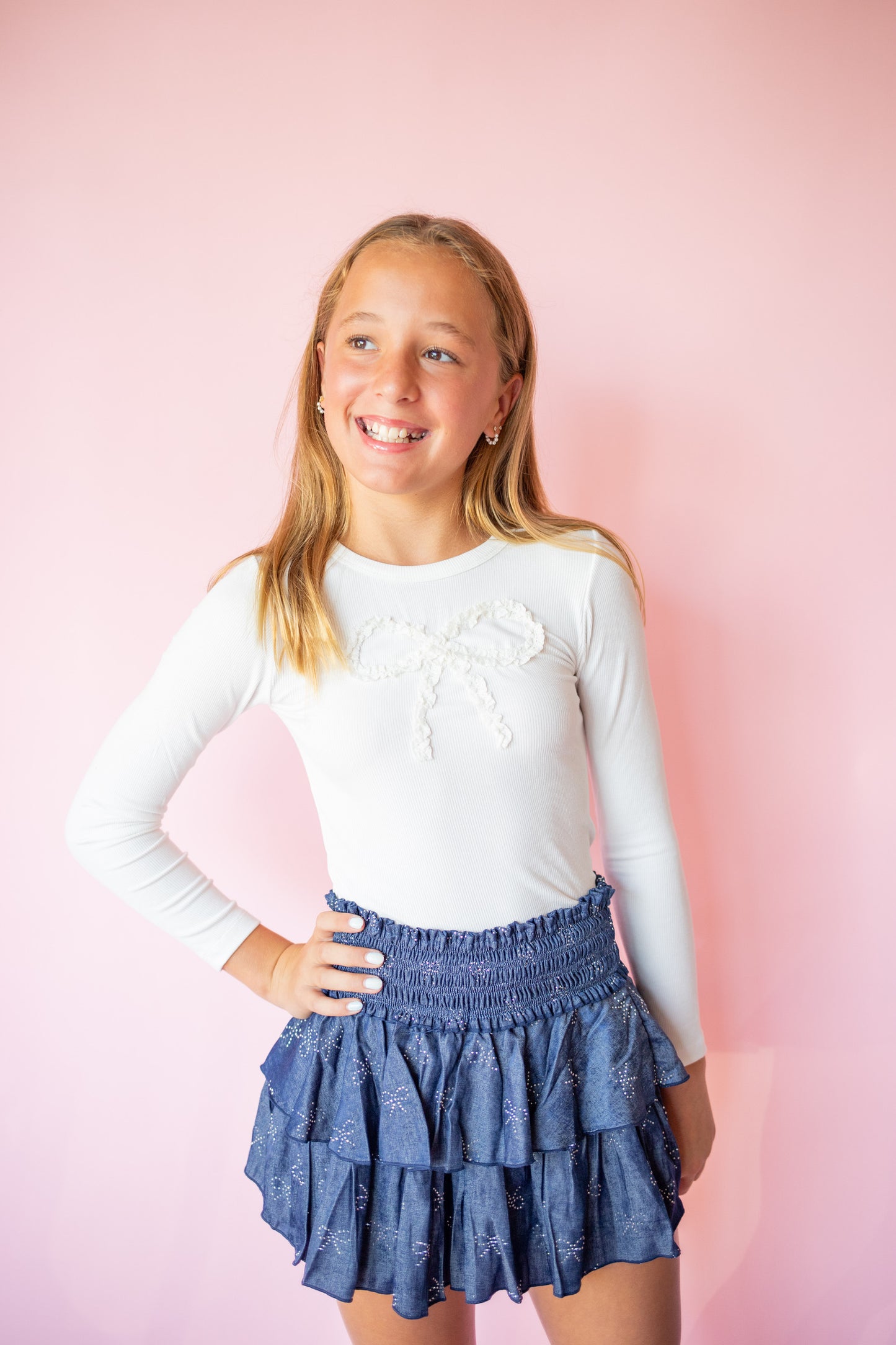 Bow Rhinestone Chambray Skirt