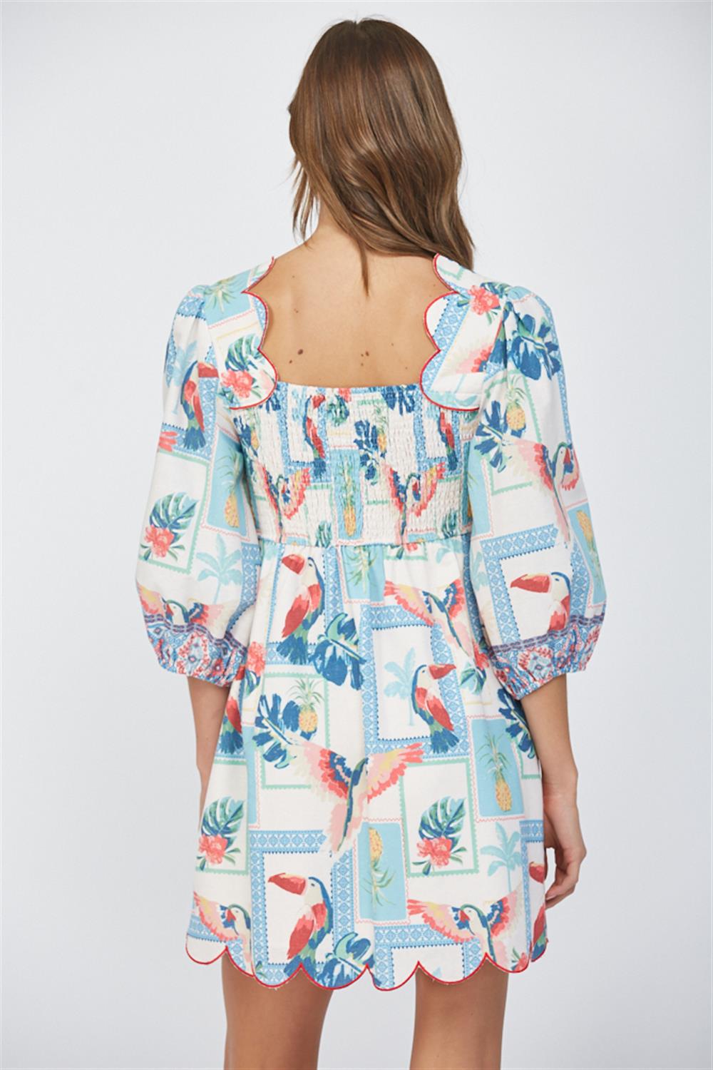 Tropical Print Scallop Edge Mini Dress