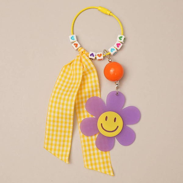 Happy Face Flower Plaid Bow Keychain | Pink