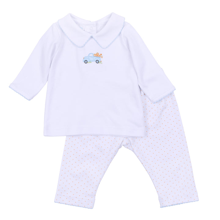 Pumpkin Patch Fun Embroidered Collared Pant Set | Light Blue