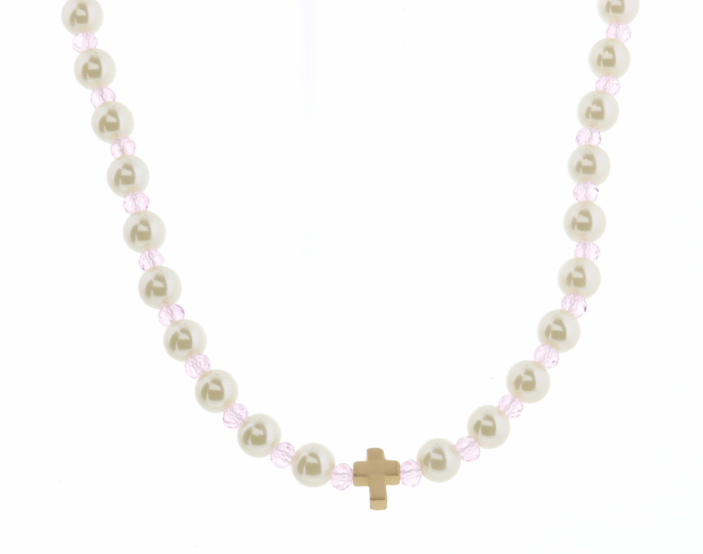 Pearl & Light Pink Faceted with Cross Necklace
