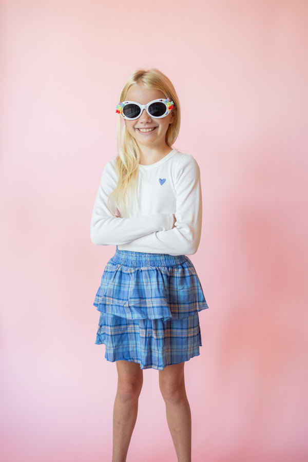 Long Sleeve Skirted Dress | White + Blue Plaid Flannel