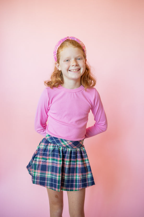 Flannel Skirt | Navy + Pink Plaid