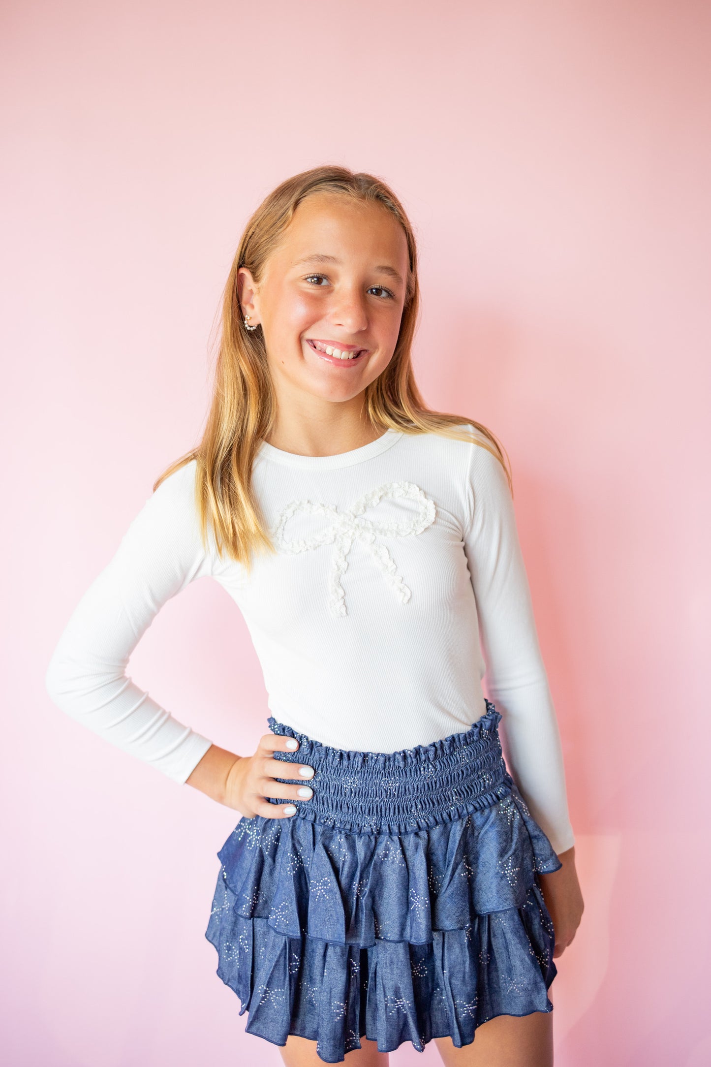Bow Rhinestone Chambray Skirt