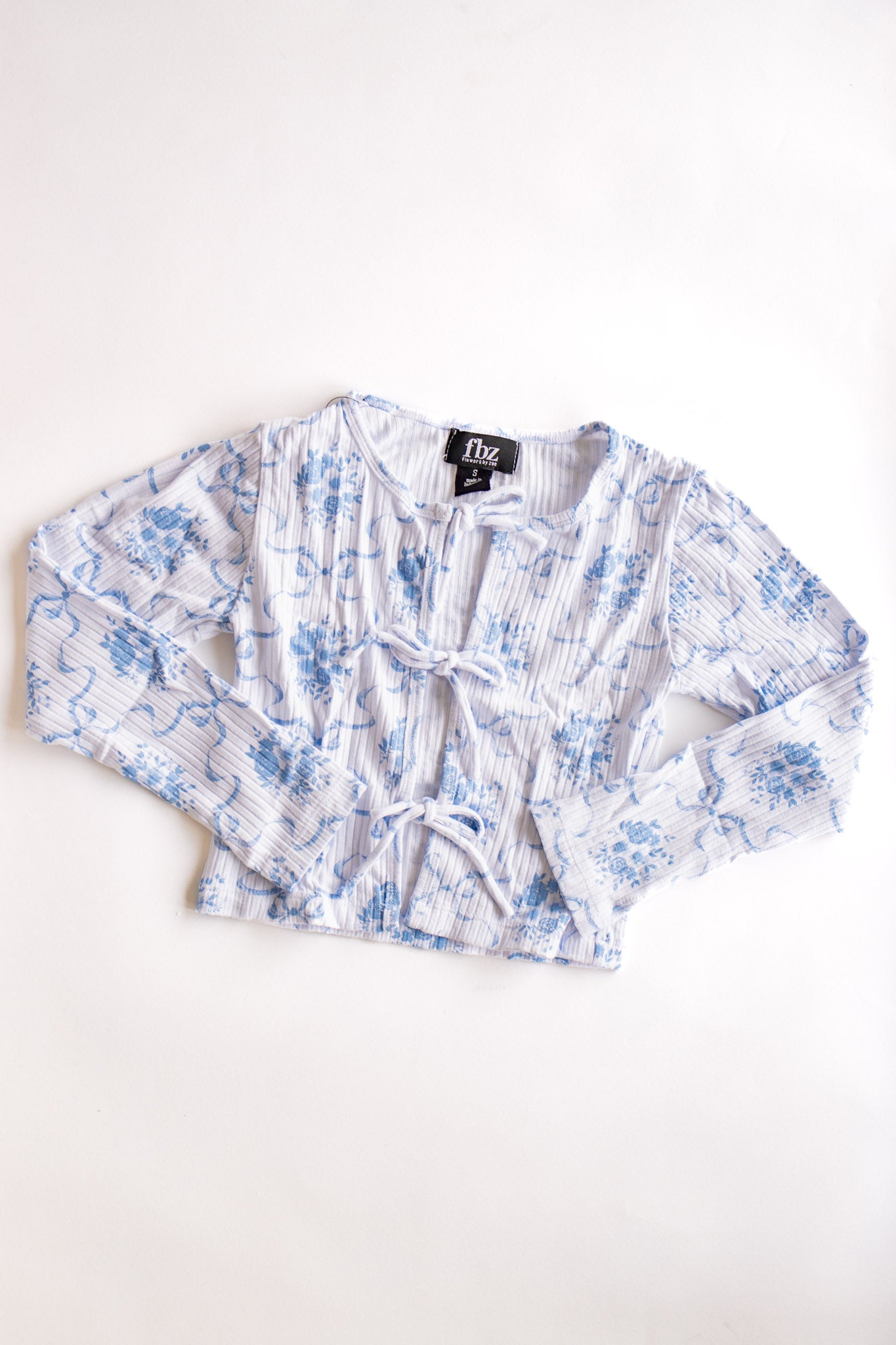 Tie Front Ribbed Long Sleeve | Blue Bow Toile