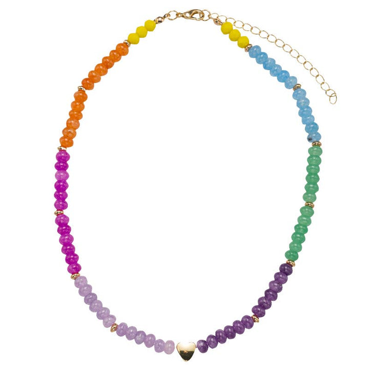 Multi Stone Beaded Colorblock Necklace with Gold Heart