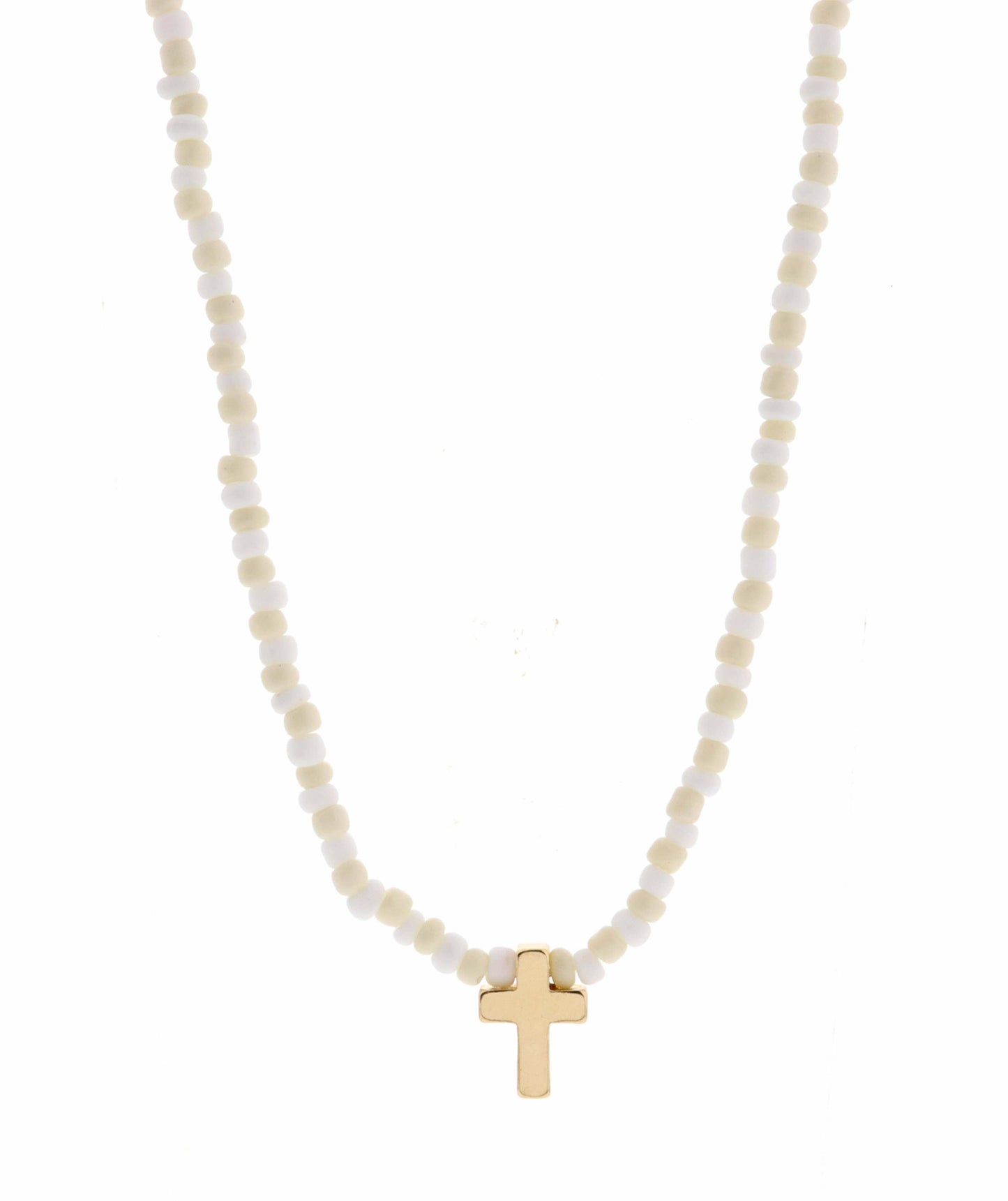 White Seed Bead with Cross Necklace