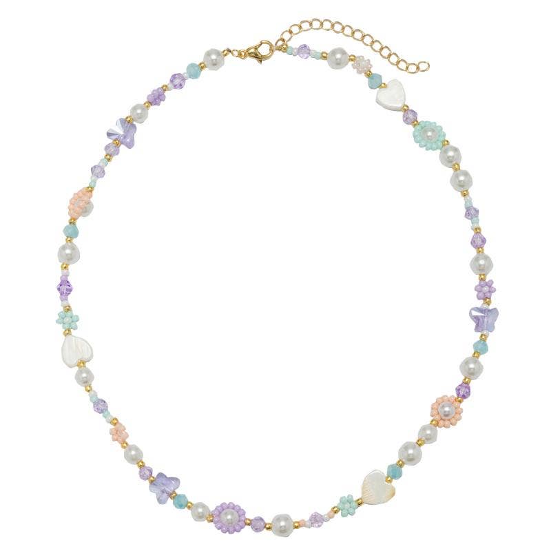 Kids Peach, Blue, Flower, Heart, Pearl Bead Necklace