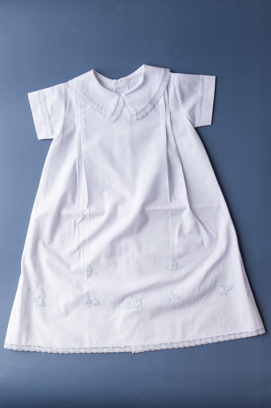 Transportation Embroidered Daygown | White/Blue