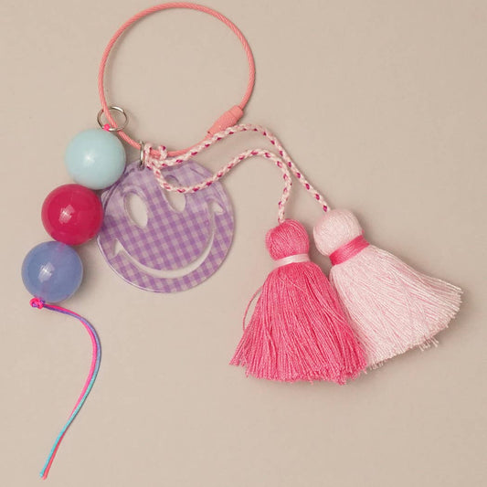 Gingham Happy Face Tassel Keychain