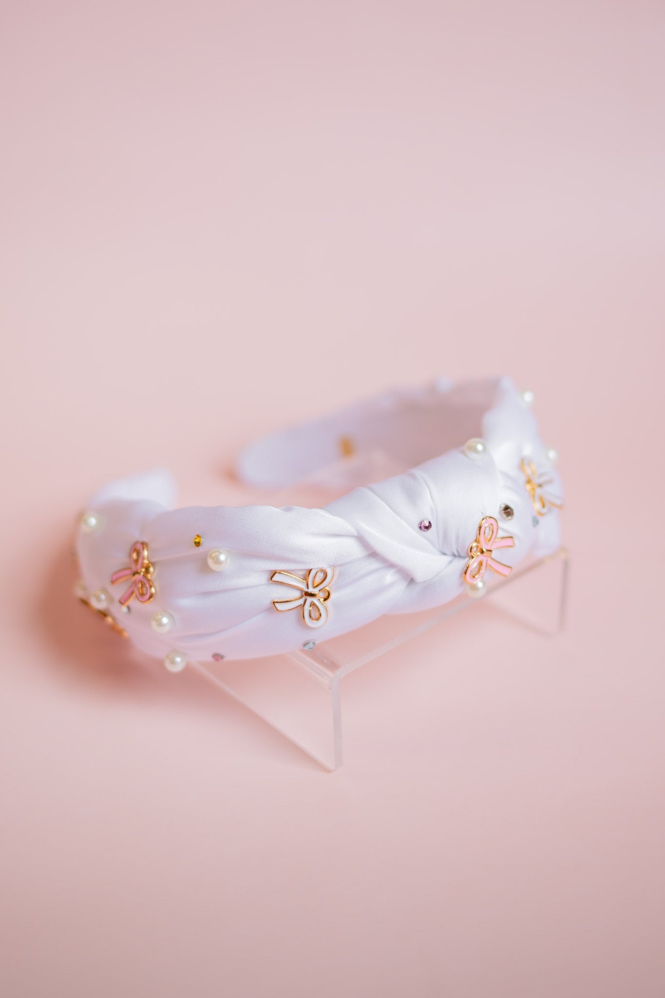 Bow Charm Knot Headband with Pearls | White
