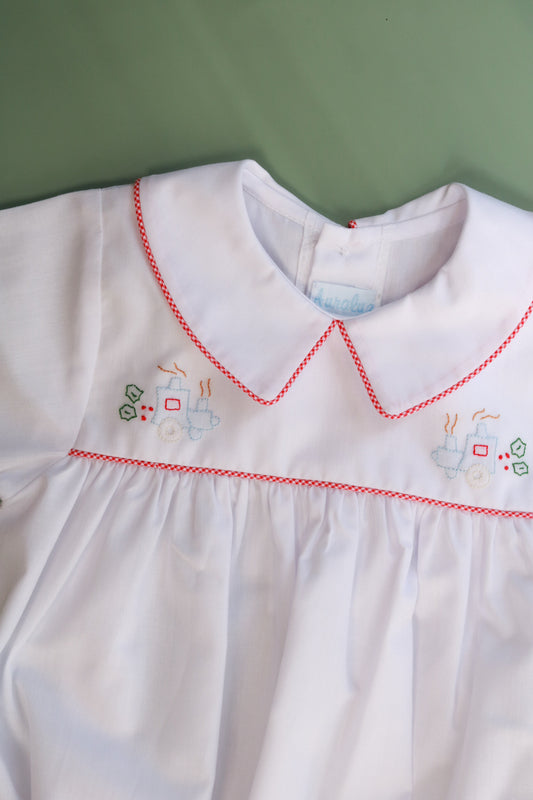 Christmas Train Embroidered Boy Bubble | White/Red Check