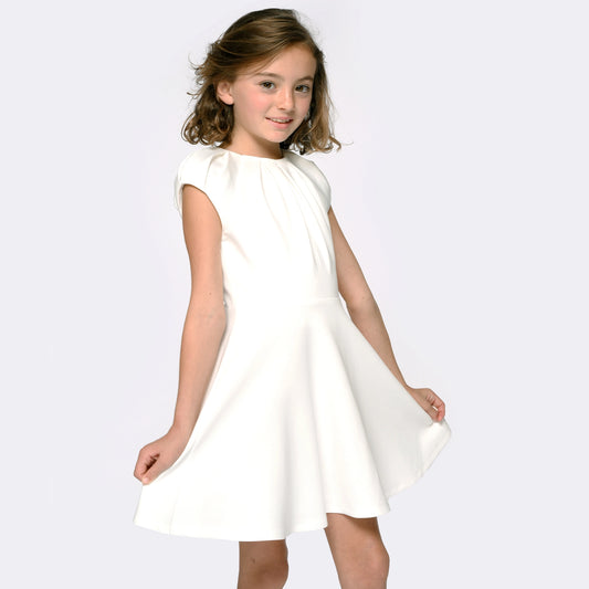 Fit & Flare Scuba Dress with Pleated Neckline | White