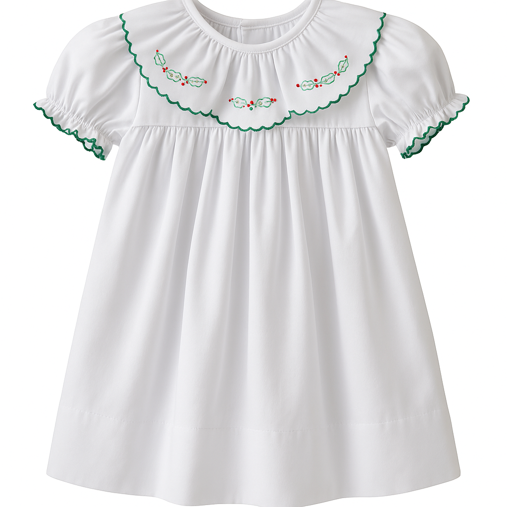 Holly Embroidered Dress | White & Green