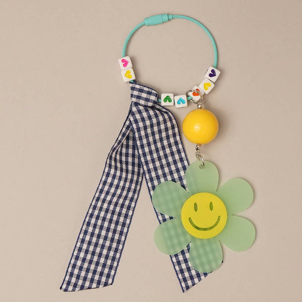Happy Face Flower Plaid Bow Keychain | Pink