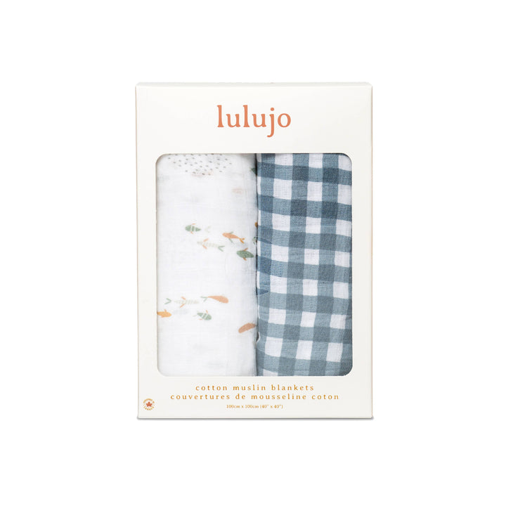 2-pack Cotton Swaddles - Fish / Navy Gingham