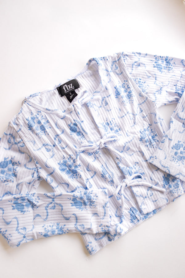 Tie Front Ribbed Long Sleeve | Blue Bow Toile