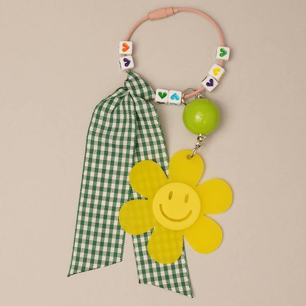 Happy Face Flower Plaid Bow Keychain | Pink